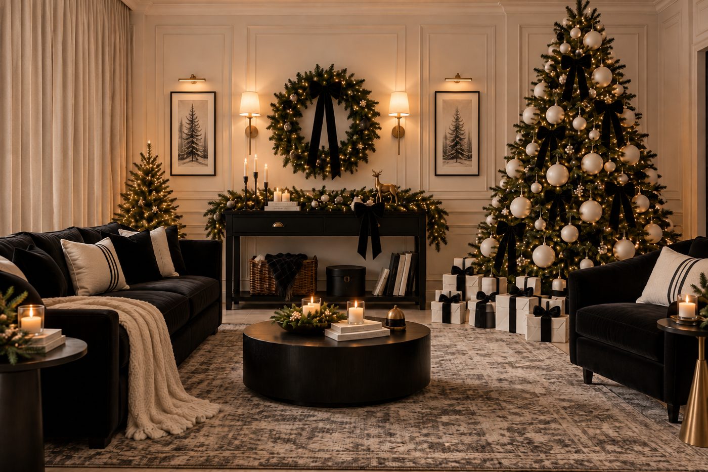 Sala de Natal do estúdio com árvore, guirlanda e presentes